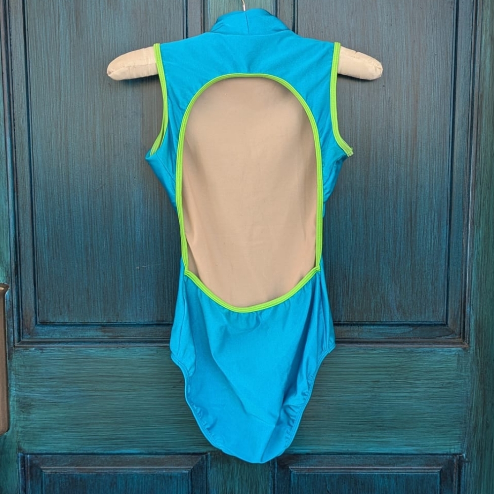 Open Back Baltogs Dance Wear Backless High Neck Leotard Bodysuit| Neon Blue Lime